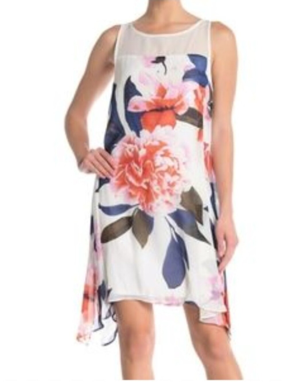 Signature By Robbie Bee | NWT White Floral Chiffon Sleeveless Swing Dress Sz 14